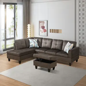 Rich Dark Brown Plush Flannel 3-Piece Modular Couch Set, Sleek Contemporary Family Living Room Furnishings