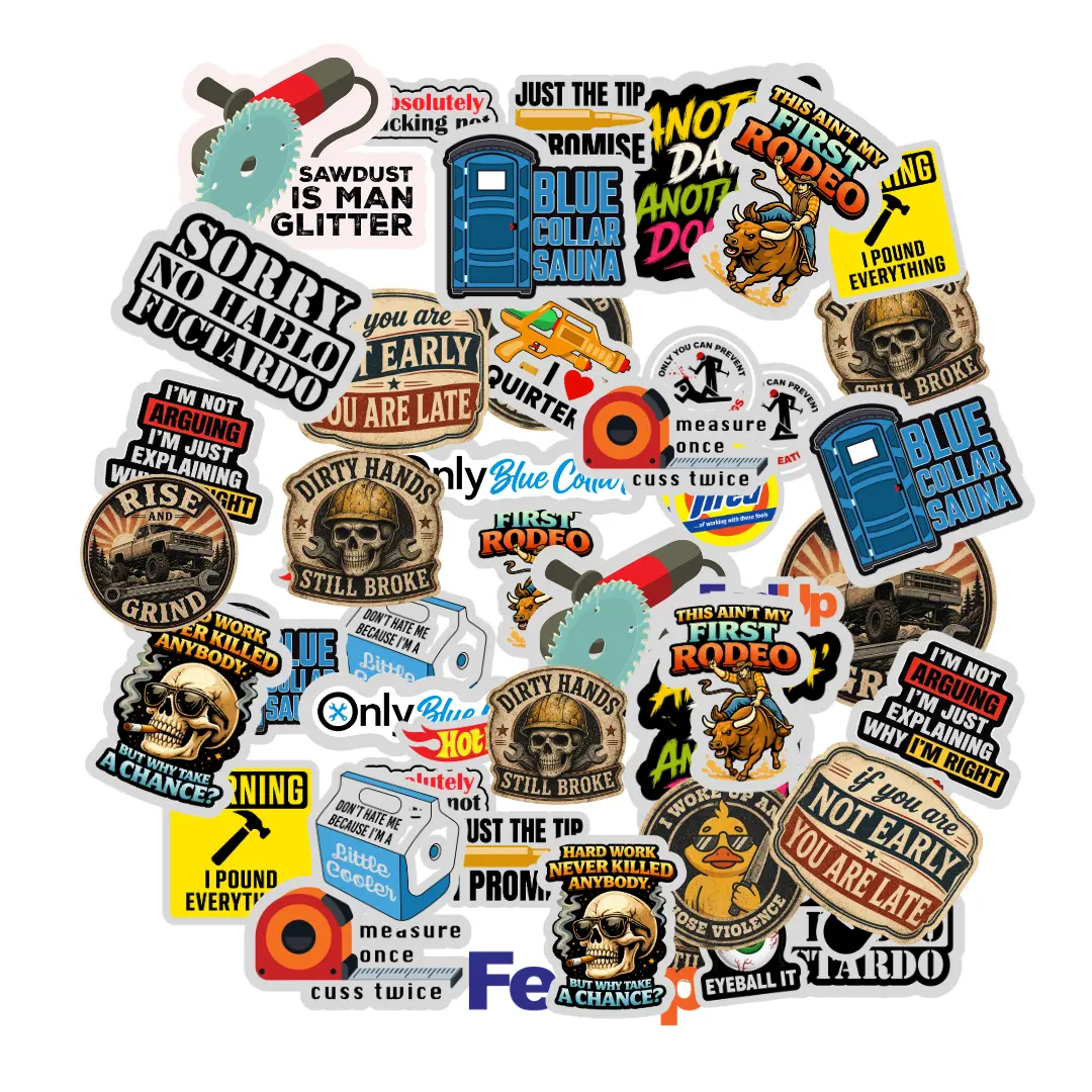 Blue Collar  Sticker Pack Edition 1 - Funny Worksite 28 Vinyl Decals  Helmets Tool Boxes Trucks Hard Hats Premium Waterproof UV Resistant Durable Designs