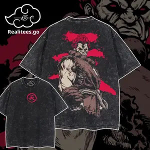 EALITEESS.GO-Oversized Vintage Akuma v1.5 Street Fighter Tee Acid Washed T-Shirt, Graphic Design Streetwear Game T-Shirt for Men Women S 5XL