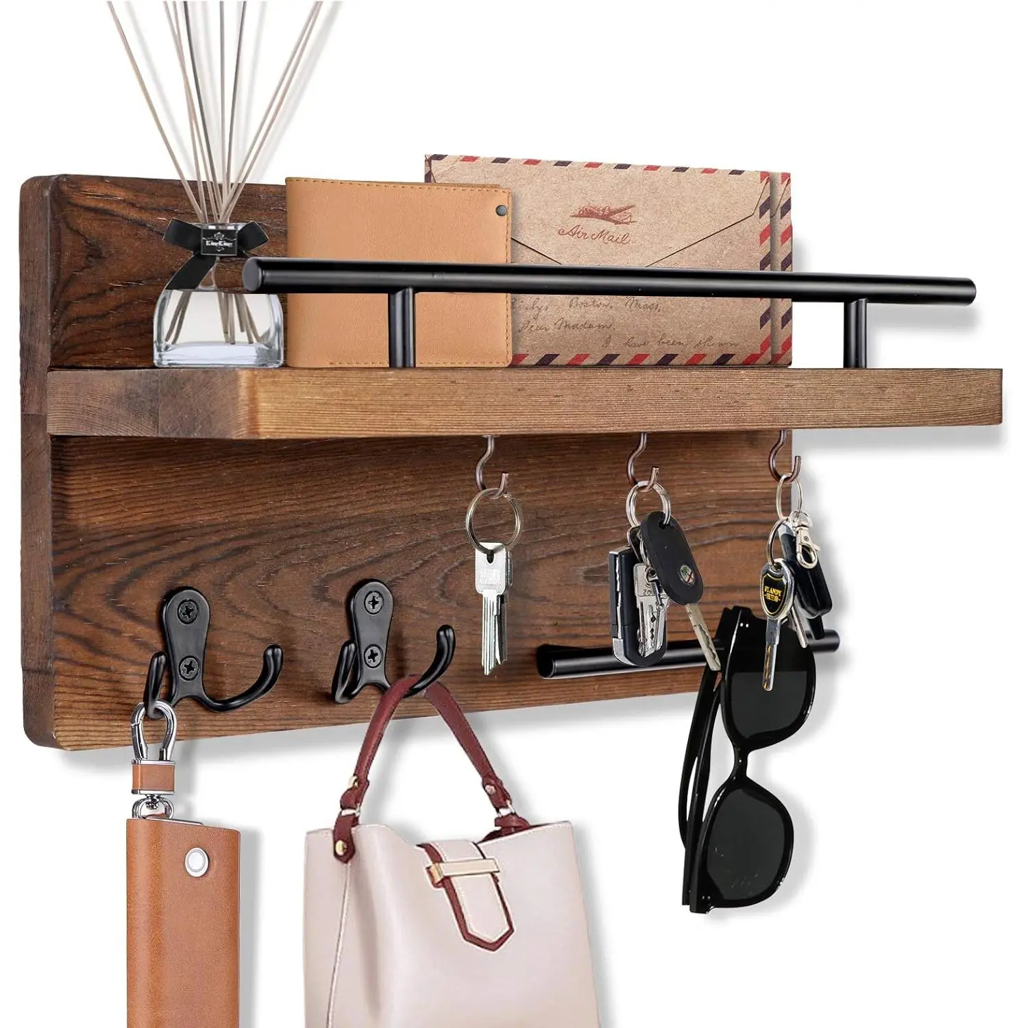 Wall Mounted Key Holder/Hangers for Wall Decorative with 5 Key Hooks, Wooden Mail Rack Organizer with Shelf, Rustic  Decor for Entryway Mudroom Hallway Office, Brown