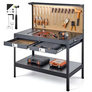 VEVOR Hardwood Workbench, 242.5 lbs Weight Capacity, 47.2-inch Heavy Duty Workbench with Pegboard, 4 AC Outlets 2 USB Ports, 4.9 ft Cable 30 Hooks, Garage Bench with Drawer for Workshop