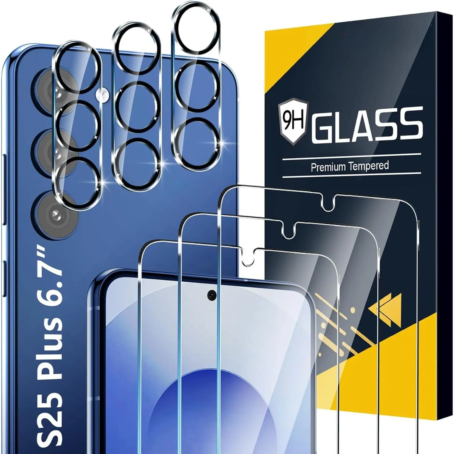F-PCS26  3 Pack Glass Screen Protector for Samsung Galaxy S25 Plus [6.7 inch] + 3 Pack Camera Lens Protector, 9H Tempered Glass, Fingerprint Unlock, HD Clear Case Friendly Anti-Scratch