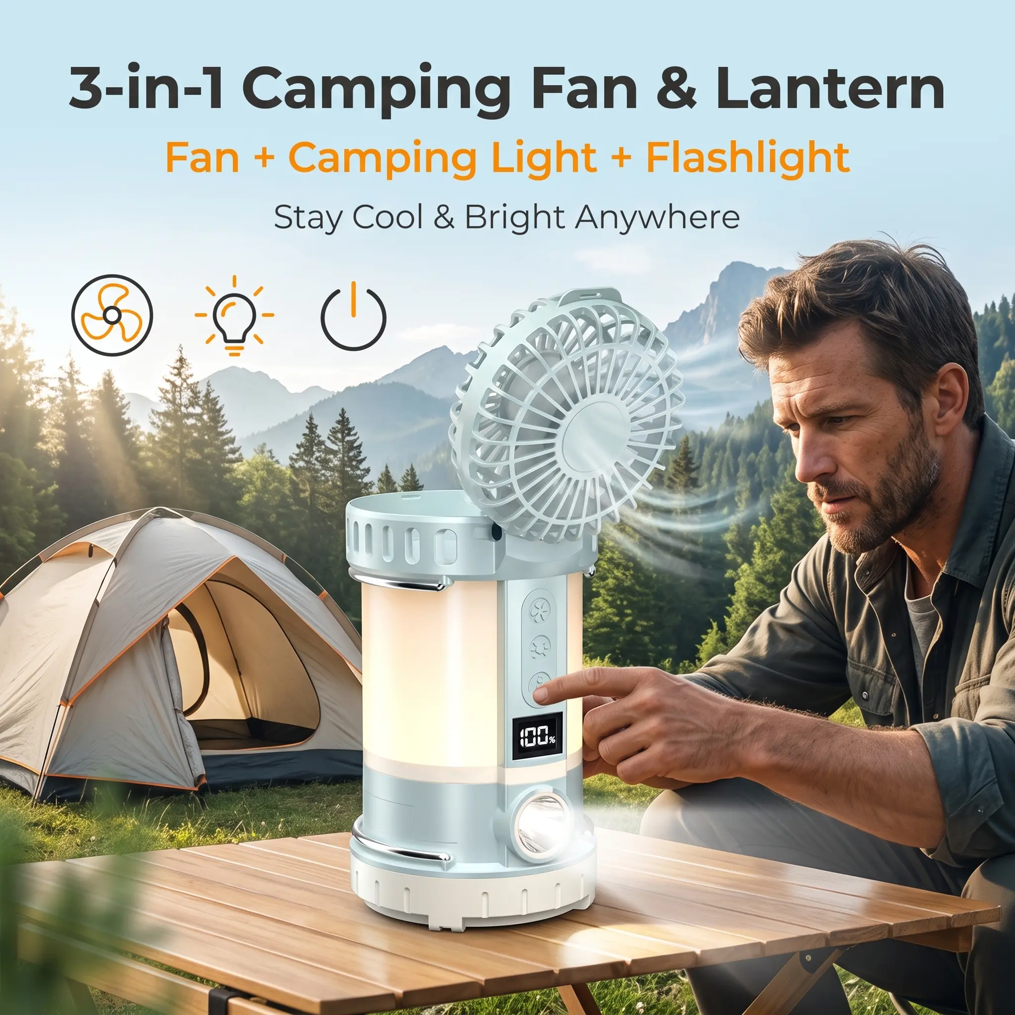 3-in-1 Camping Fan with LED Lantern Flashlight, Portable Rechargeable Outdoor Tent Fan with 3 Speeds & LCD Power Display, Hanging Camping Light Fan for Travel Fishing Picnic