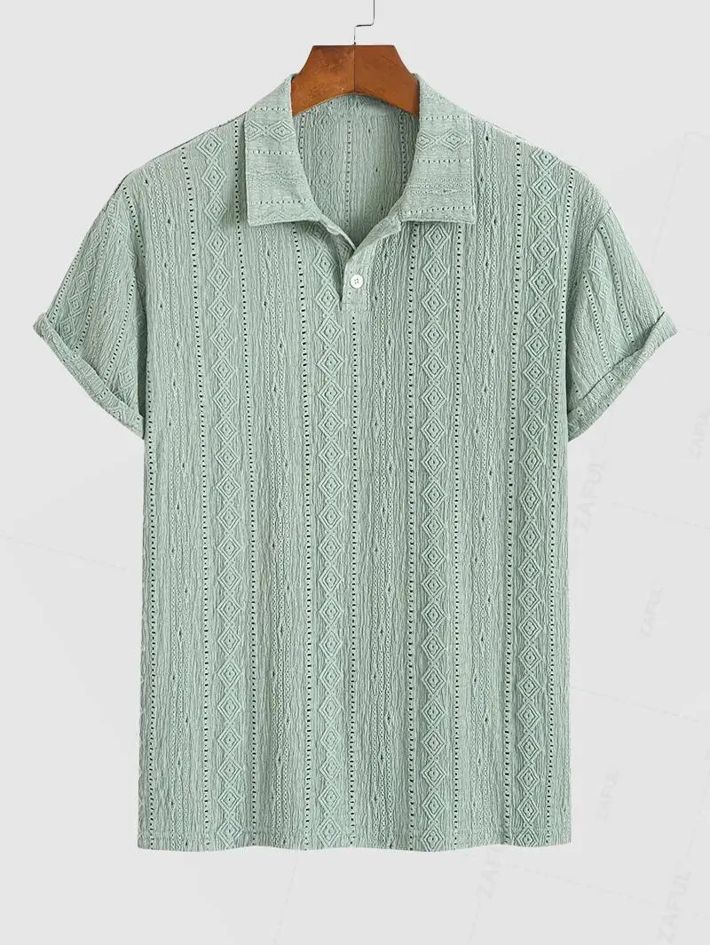 Men's Solid Jacquard Button Polo Shirt, Chic Casual Lapel Regular Fit Casual Short Sleeve Polo Top for Summer, Fashion Men's Clothes for Daily Wear, Menswear