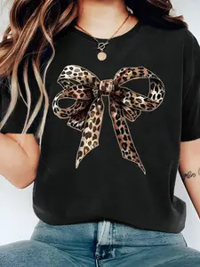 Valentine's Day Leopard Print Short Sleeve T-Shirt with Bow, Trendy Style for Date Nights, Comfortable Gift for Her