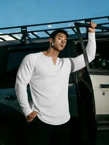 Men's Casual Henry Neck Long Sleeve T-Shirt, Comfortable Breathable Waffle Fabric, Spring Summer Daily Wear, Basic Streetwear Essential