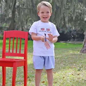 Light Blue Gingham Flag Smocked Short Set - Cute Boys Patriotic Outfit