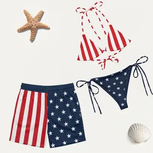Vintage Patriotic USA Couple Matching Swimwear Set,  Print Swimsuit Retro Camouflage Bathing Suits outfits, Couple Beachwear