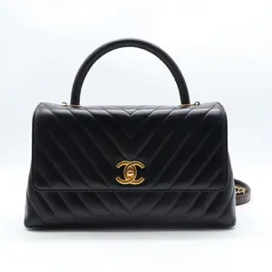 Pre-owned CHANEL Leather Shoulder Bags Dark Grey Chevron Quilted Caviar Small Coco Handle Bag LDM1513