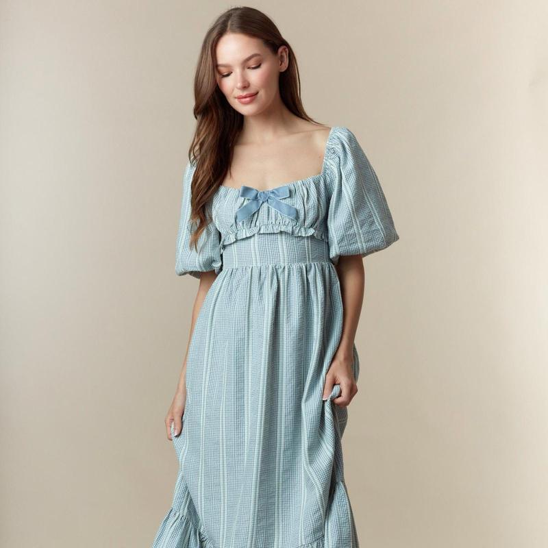 Front Velvet Bow Detail Bubble Sleeve Midi Dress