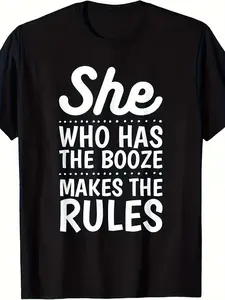 She Who Has the Booze Makes the Rules Bartender T-Shirt - Unisex Retro Bar Graphic Tee, 220GSM Pure Cotton Short-Sleeve Shirt for Men & Women, Bartender Apparel Gift