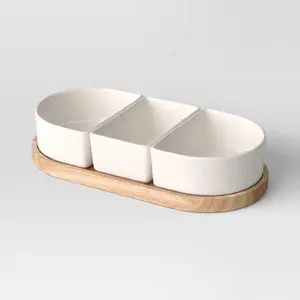 4pc Ceramic Sectioned Serving Bowl Set - Threshold™: Set of Dip Bowls, Serveware, Rubberwood Tray, Hand Wash