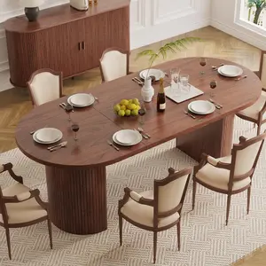 【CategorySelect】ONBRILL 70.8 Inch Gorgeous Dining Table for 4-6, Oval Dining Room Table with Curved Fluted Wood Strip Base, Mid-Century Modern Kitchen Tables with Footpads, Dinner Tables for Living Room, Dining Room
