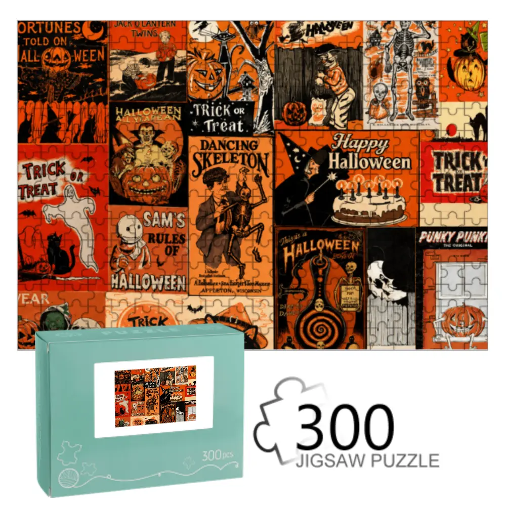 Vintage Retro Halloween Collage Jigsaw Puzzle & Wall Art Decor, Multiple Sizes 300 / 500 / 1000 Pieces, Spooky Pumpkin Skeleton Ghost Holiday Puzzle Game, Fun Fall Family Activity, Halloween Decor Art Print, Perfect Halloween Gift For Puzzle Lovers