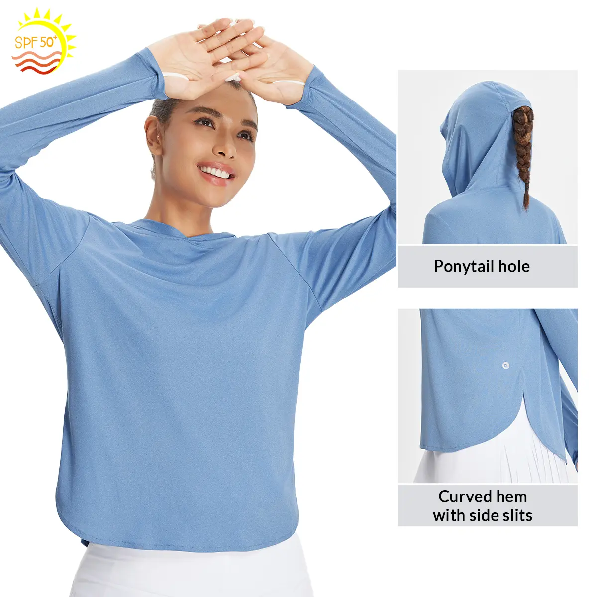 Baleaf Women's Hooded Rash Guard, UPF50+ Sun Protection Long Sleeve Lightweight Shirt with Ponytail Hole, Side Slits for Hiking, Fishing, Women's Rashguards Upf Sun Protection