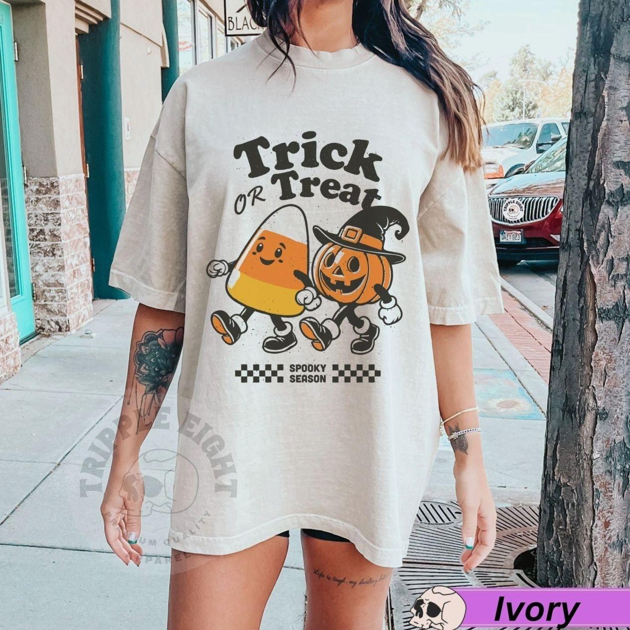 Comfort Colors Trick or Treat Candy Corn and Jack O’ Lantern T-Shirt, Trendy Retro Vintage Halloween Graphic Tee, Spooky Season Shirt, Cute Fall Apparel, Halloween Party Top for Women & Men