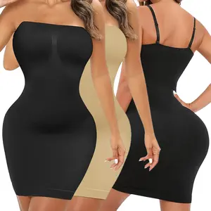 Women's Strapless Shapewear Full Slip for Under Dresses Tummy Control Body Shaper Slips ,Ladies Detachable Spaghetti Strap Square Neck Under Dress Camisole Mini Slip Dress Plus Size Black Beige