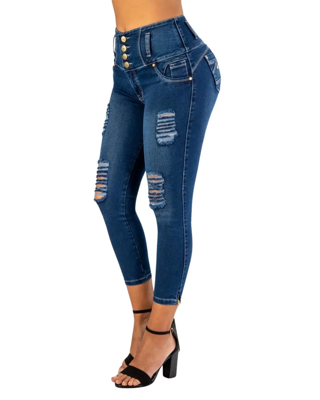 Women's High Waist Slim Fit Dark Blue Jeans - Booty Lifting, Tummy Control, Ripped Ankle Skinny, Comfortable Stretchy Lightweight Fabric, Heart Pocket, Button Closure Pants, TK572, Slim Fit Jeans
