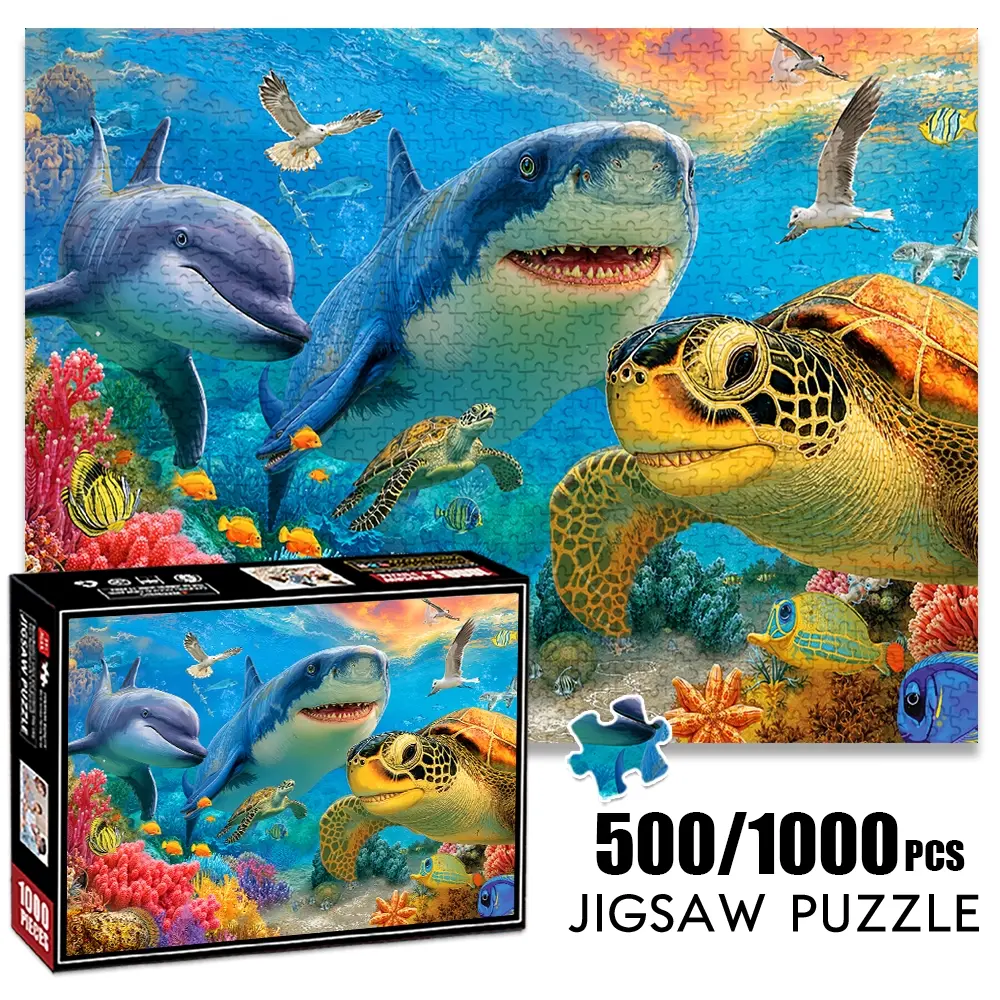1pc 1000 piece adult puzzle 70x50cm Dolphin, Shark, Turtle and Colorful Sea Creatures in Ocean Scene 500 pieces of paper jigsaw puzzle, suitable for adults and families, large-scale DIY puzzle in