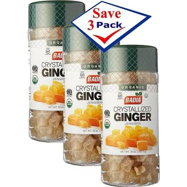 BADIA Organic Crystallized Ginger, Natural Spicy-Flavor Herb, 10 oz Pack of 3, for US Cooking & Seasoning