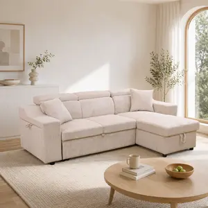 Off-White Corduroy Living Room 3-Piece Extendable Sofa Set