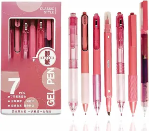 Pink Gel Pens, 6Pcs Cute Pens Gel Ink Pens Retractable Pens and 1Pcs Highlighter 0.5mm Fine Point Black Ink Kawaii Pen Pink Office Supplies School Supplies Aesthetic Supplies Pens Gifts