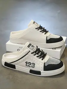 Plus Size Men's White-Black Number Mule Sneakers, Cool Light & Breathable Style, Hollowed Mesh+ Mule Slip-On Design, Breathable & Refreshing, Plus Size Friendly, Slip On Mules, Ideal for Plus Size Men's Summer Leisure & Light Outings