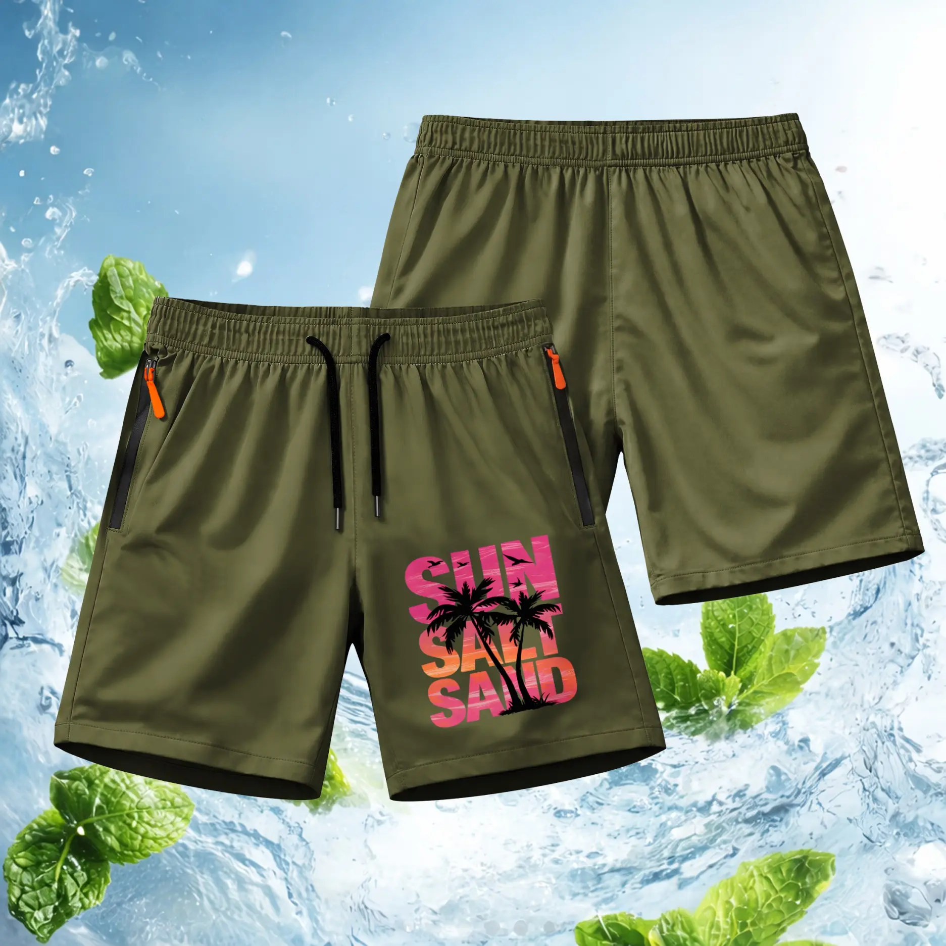 Men’s Tropical Beach Shorts Lightweight Quick Dry Athletic Running Shorts – Palm Tree Sunset Graphic Workout Shorts with Zipper Pockets, Elastic Waist Drawstring, Breathable Shorts for Beachwear, Vacation, Summer Style