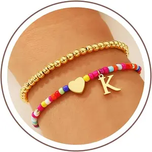 Gifts for Kids Girls - 2PCS Colorful Boho Beaded Initial Bracelet Stackable Cute Gold Heart Initial Bracelets for Girls Kids Birthday Easter Gifts for Toddlers Teens