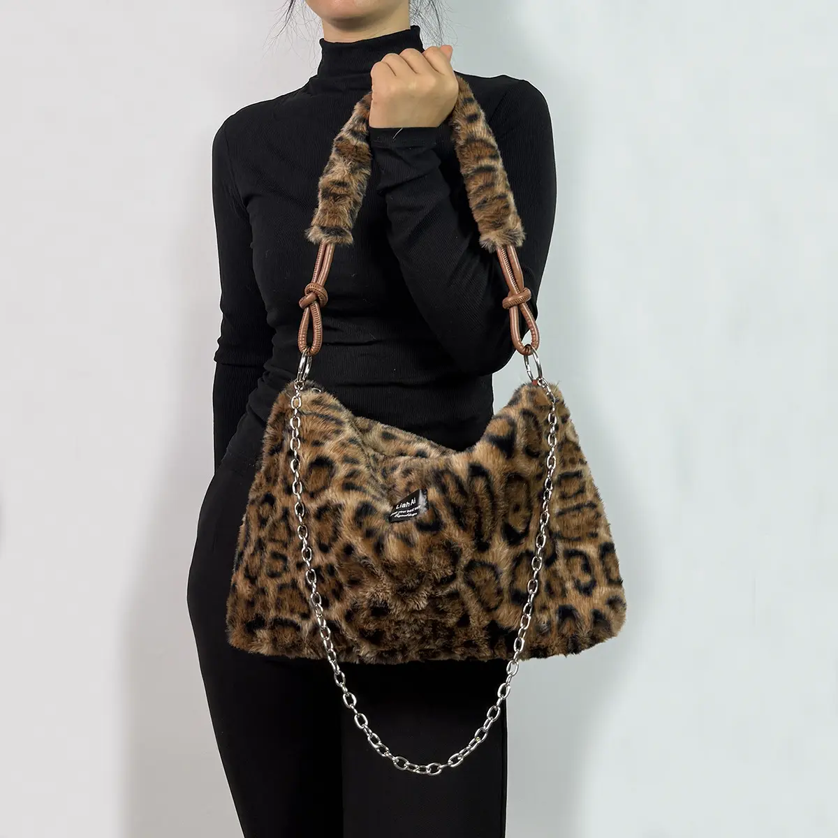 Women's Lightweight Plush Faux Fur Crossbody Bag with Detachable Adjustable Chain Shoulder Strap, Large Capacity, Zipper Closure, Caramel Color Block, Versatile Shoulder Bag, Stylish Accessory, Crossbody Handbag, Soft Leather Wallet