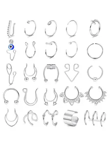 25 Pcs Mysterious Evil Eye Fake Nose Rings for Women Men Unisex Silvery Stainless Steel Non-piercing Jewelry Set Nose Cuffs Clip Hoops Magnetic Septum Rings Versatile Fake Piercing Set Delicate Evil Eye Unique Mysterious Charm Symbolic Meaning