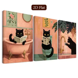 3-Piece Framed Cat Wall Art, Cute Cartoon Humorous Canvas Poster, Fun Birthday Decor, Home Classroom Bathroom Wall Art