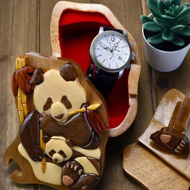 Panda Lover Gift Idea Wooden Puzzle Box Panda Jewelry Box For Her Handmade Birthday Gift For Mom Jewelry Case Gift For Him Her Panda Gift