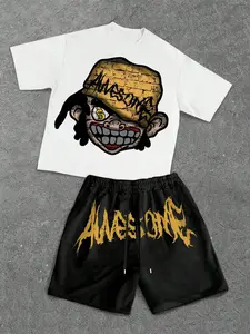 Street Style Graphic Tee, Shorts, Fitted Casual Top Without Collar, Unique Smiley Print, Perfect for Daily Wear and Fun Activities