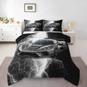 Boys Sports Car Bedding Set,White and Black Race Car Comforter Set for Kids Teens,Racing Cars Quilt,Lightning Pattern Bedding Comforter Sets