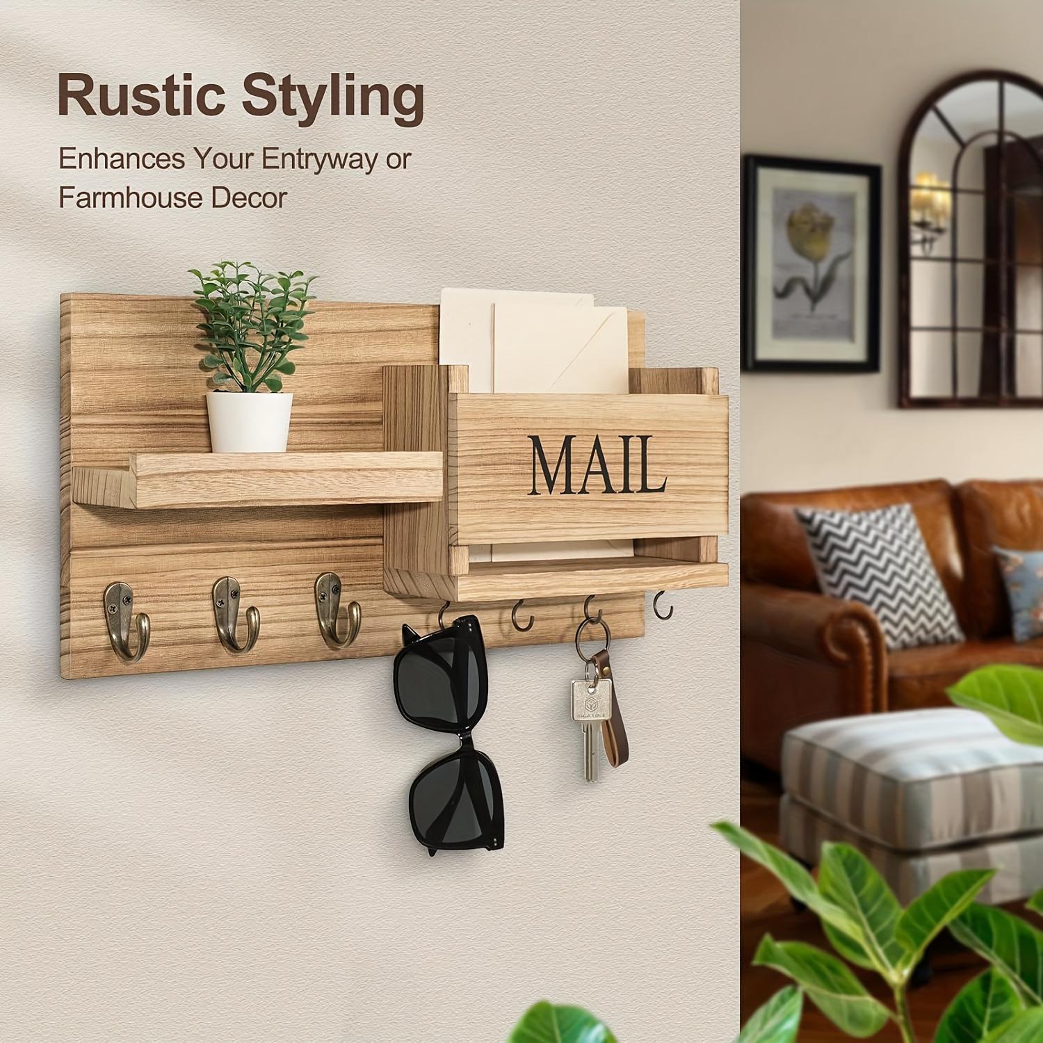 Solid Wood Wall-Mounted Storage Rack with Mailbox Slot, Door Handle & Decorative Hooks - Multifunct