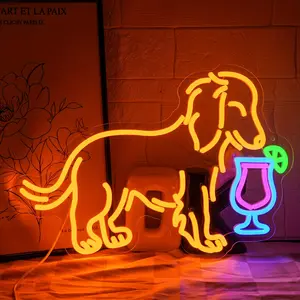 Long Haired Dachshund Drinking Martini Neon Sign - -Powered Multicolor LED Wall Light with Dynamic Dog Silhouette & Martini Design, Acrylic Wall-Mounted for bar Decor for Man Cave, Pub, Party, BBQ - Easy Button Control Dog Lover Gift,5V USB adjustable swi