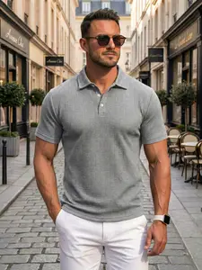 Men's Spring ＆ Summer Outfits Casual Knit Polo Shirt for Daliy Wear, White Textured Short Sleeve, Classic Fit with 3-Button Placket, Breathable Golf Polo for Business Casual & Outdoor Activities