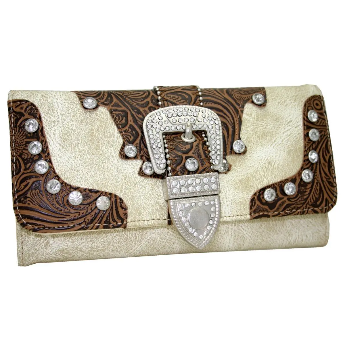 RITZ Women's Beige Western Trifold Wallet with Rhinestone Bling Buckle, Magnetic Closure, Secure Snap, Credit Card Slots, Party/Wedding Gift, Thank Someone Idea, Western Wallets