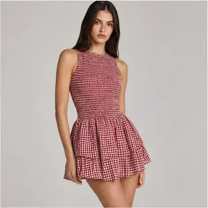 Women's Sweet French-Style Plaid Sleeveless Belted Slim-Fit Mini Casual Dress