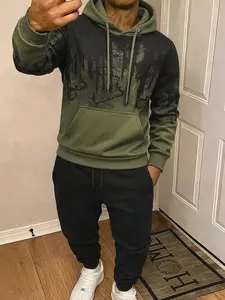 Weekend Hangouts Men's 2-Piece Tracksuit: Soft Cozy & Durable, Hip-Hop Inspired Style, Boasts Olive/White/Red/Gray Gradient Graphic, Kangaroo Pocket, Drawstring Hood & Relaxed Tapered Jogger Pants. Ideal For Spring-Autumn Weekend Gatherings