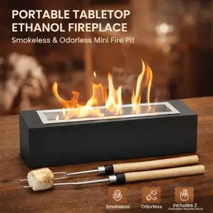 Portable Tabletop Ethanol Fireplace Smokeless Odorless Mini Fire Pit with Stainless Steel Burner Adjustable Flame Includes 2 Extendable Roasting Sticks Indoor Outdoor Decor