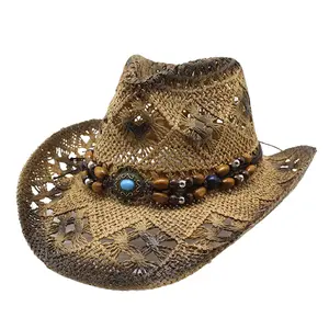 Crochet Women Straw Weaving Cowgirl Hat Wide Brim Hollow for Photoshoot