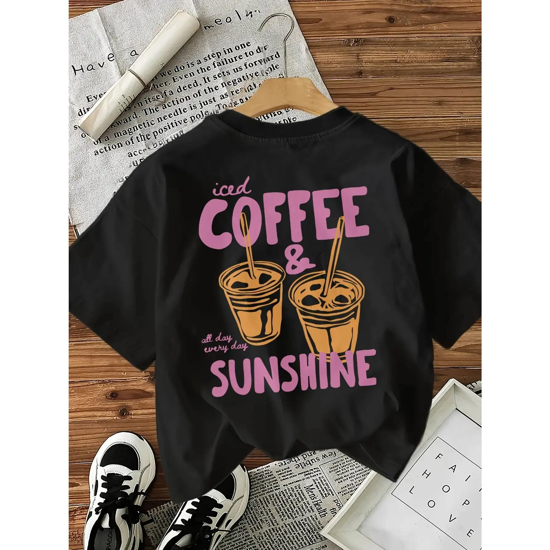 Women'S Casual Short-Sleeve T-Shirt - Iced Coffee And Sunshine Letter Print, a Perfect Gift for Lovers. Regular Fit Crew Neck Top, Suitable for All Seasons. (Women'S Clothing)