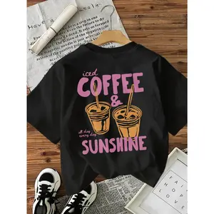 Women'S Casual Short-Sleeve T-Shirt - Iced Coffee And Sunshine Letter Print, a Perfect Gift for Coffee Lovers. Regular Fit Crew Neck Top, Suitable for All Seasons. (Women'S Clothing), streetwear, tiktok shop deals, summer outfits, guys gifts, summer cloth