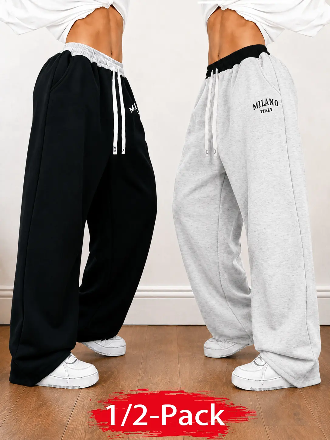 1/2 Pack Contrast Waist Sweatpants, Women's Baggy Wide Leg Athletic Pants with Adjustable Drawstring, Relaxed Straight Leg Lounge Trousers, Y2K Streetwear Workout Jogging Bottoms for Gym, Trips, Daily Casual Wear, Fall Winter Outfits for Everyday Use