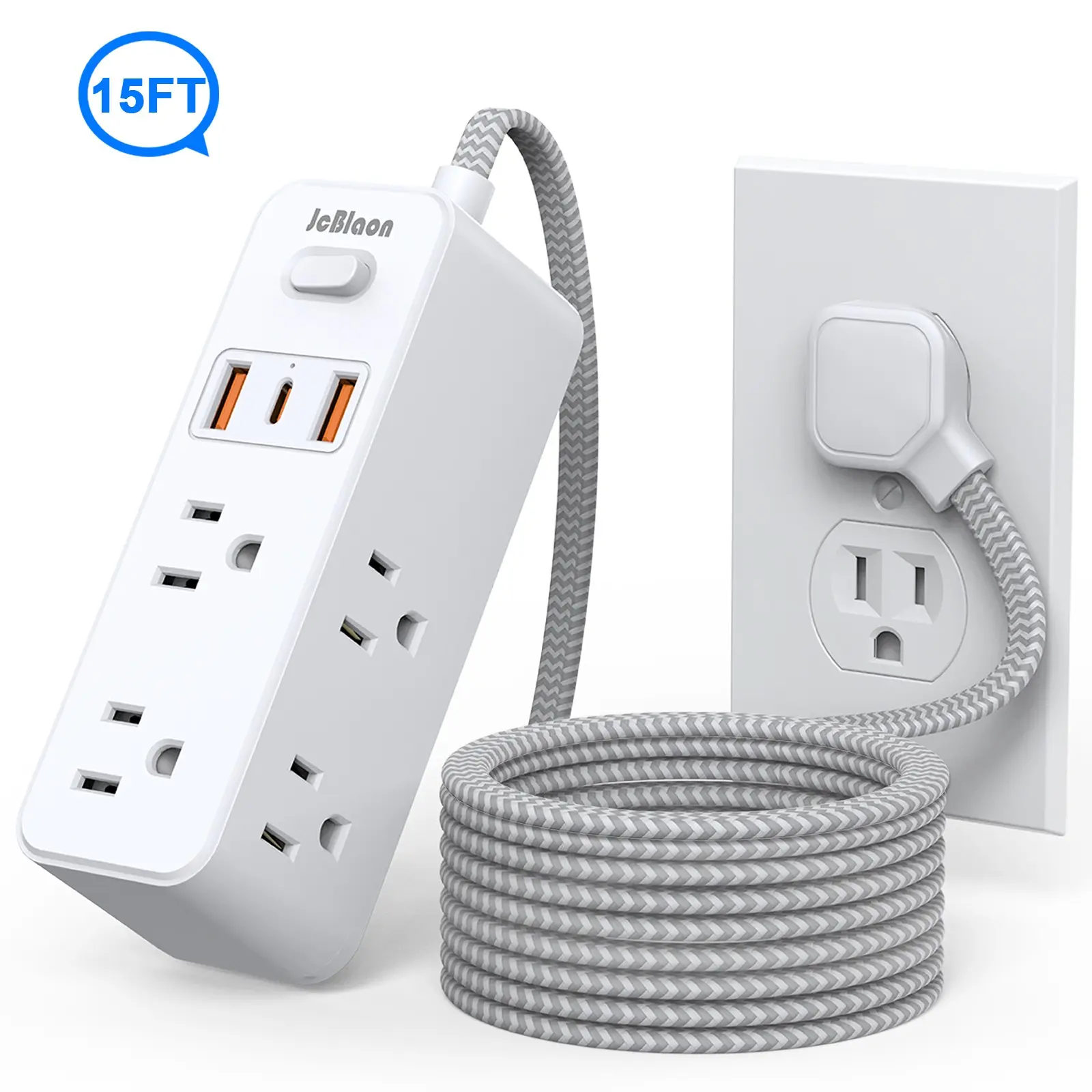 15ft Power Strip Surge Protector, Ultra Thin Flat Plug Extension Cord, Extension Cable , 6 Widely AC Outlets 3 USB(1 USB C), 3 Sided Outlet Extender for Home Office Travel Dorm Room Essentials, White