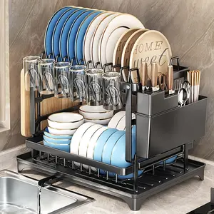 2-Tier Large Black Dish Drying Rack for Big Families | Stainless Steel with Pull-Out Drain Tray & Full Storage Holders organizer laptop
