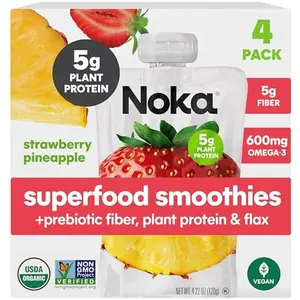 Noka Superfood Smoothie Pouches (Strawberry Pineapple) 4 Pack, with Plant Protein, Prebiotic Fiber & Flax Seed, Organic, Gluten Free, Vegan, Healthy Fruit Squeeze Snack Pack, 4.22oz Ea