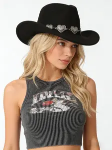 Who Wear Who Spicy! Heart Silver Chain Wide Brim Denim Hat, Vintage Wool Blend Western Cowboy Hat, Retro Heart Silver Chain Decoration